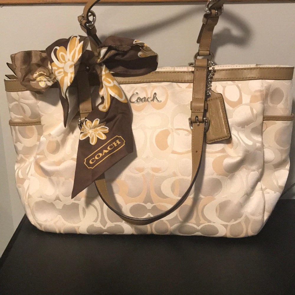 Coach signature bag with floral silk scarf